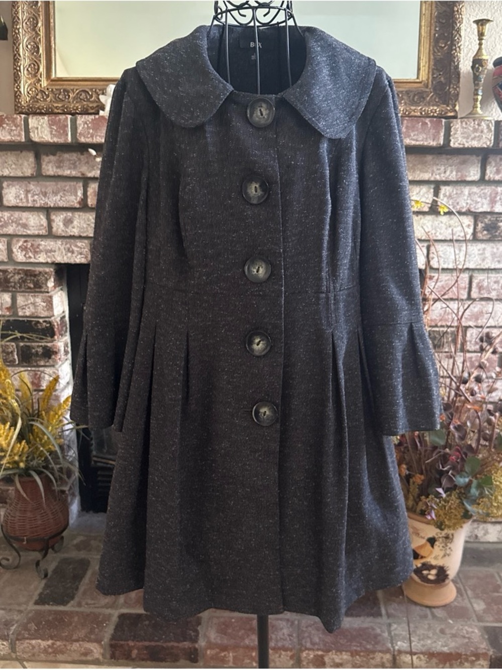 BCX Women's Gray Tweed Big Button Up 3/4 Sleeve Coat